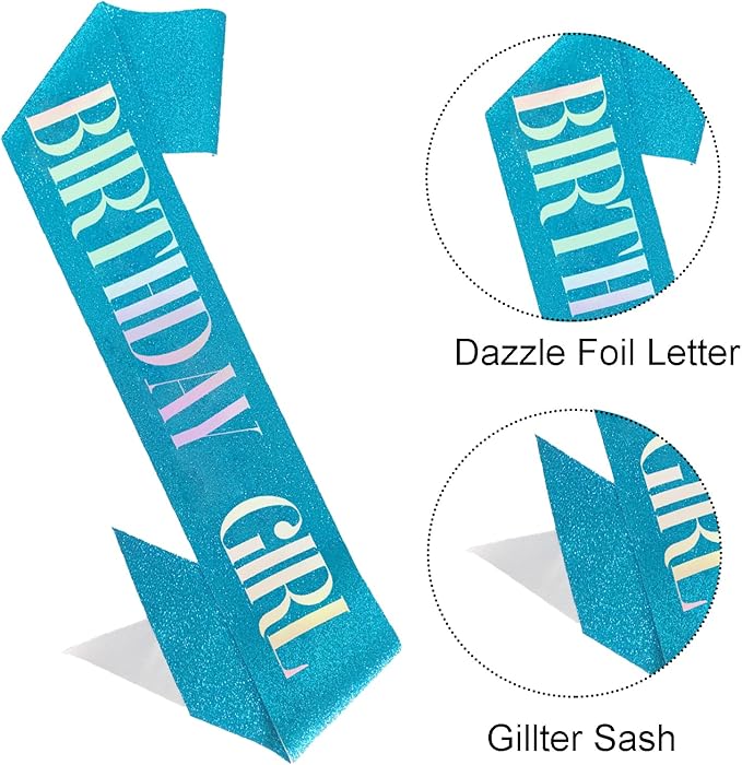 Birthday Sash for Girl, Dazzle Foil Letter Glitter Teal Blue Birthday Sash for Women Girl Kids Teenager Bday Gifts Party Favors Photo Prop