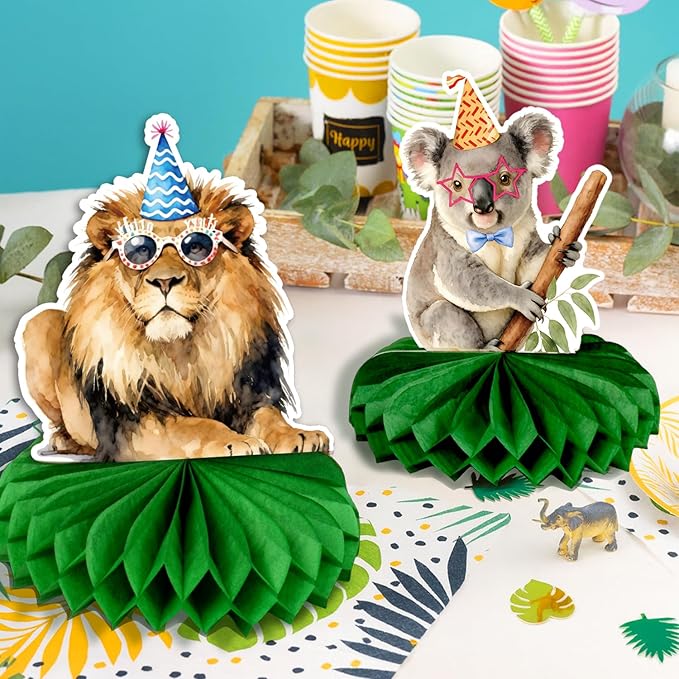 Safari Birthday Decorations 12-Pack | Animal Birthday Party Decorations Set with Honeycomb Centerpieces | Jungle Theme Party Supplies for Kids, Baby Shower, Wild One Celebration