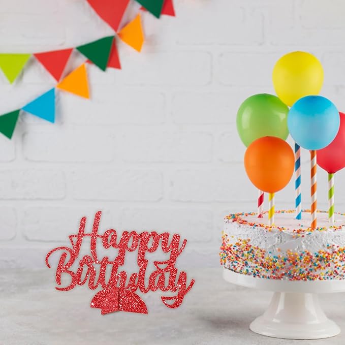 Happy Birthday Table Centerpiece, Red Glitter Birthday Party Paper Free Standing for Women Men, HBD Script Table Centerpiece for Bday Party Supplies