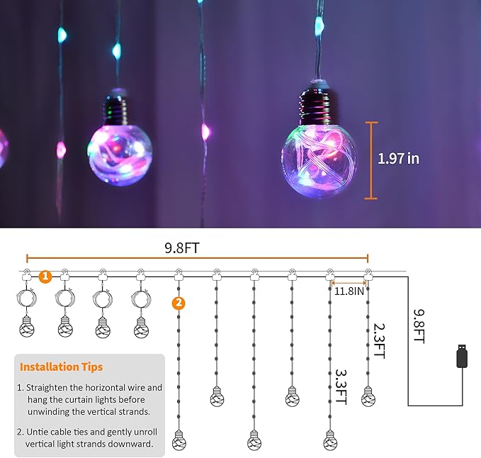 Color Changing Wishing Ball Curtain Lights, 9.8 x 3.3 FT RGB LED Fairy Light with Remote App Control, Music Sync Window Backdrop Wall Hanging Lights for Bedroom Party Halloween Christmas Decoration