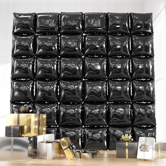 36pcs Black Square Foil Balloons Backdrop Kit - 9.5 x 9.5ft Black Balloon Wall/Tunnel for Birthday Photo Booth, Class of 2026 Graduation, Halloween, NYE Decor (Straws & Ribbon Included)