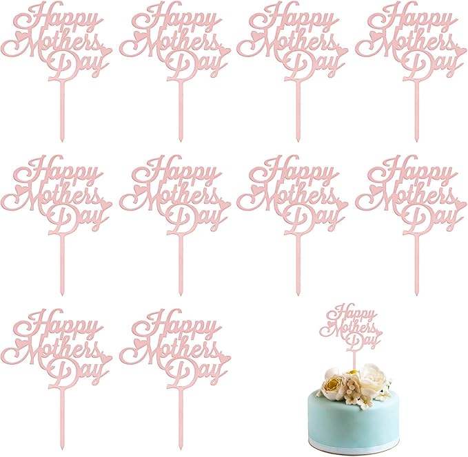 Mother's Day Cake Topper, 10pcs Acrylic Happy Mother's Day Cupcake Topper for Birthday Mother's Day Cake Party Decoration Supplies (Pink -1)