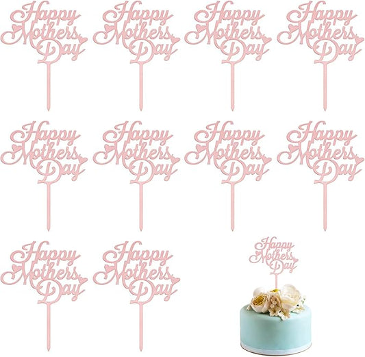 Mother's Day Cake Topper, 10pcs Acrylic Happy Mother's Day Cupcake Topper for Birthday Mother's Day Cake Party Decoration Supplies (Pink -1)