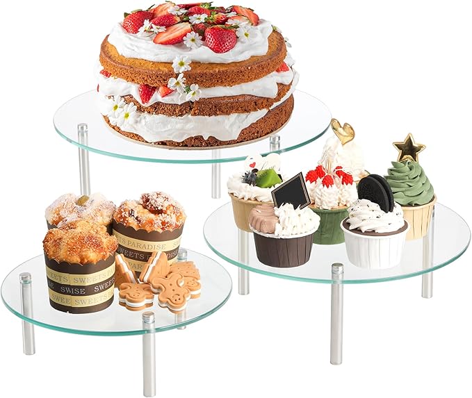 Hacaroa 3 Pcs Tempered Glass Cupcake Stands for Party, 9,11,12.6 Inch Round Food Display Stand Clear Retail Risers for Cakes, Desserts, Pastries, Appetizers