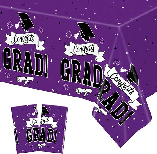 2 Pcs Graduation Tablecloth, 108" X 54" Plastic Graduation Decorations 2026, Rectangle Purple Table Cloths for Grad Decor Party Supplies, Disposable Tablecover for Class of 2026 Congrats Grad for kids