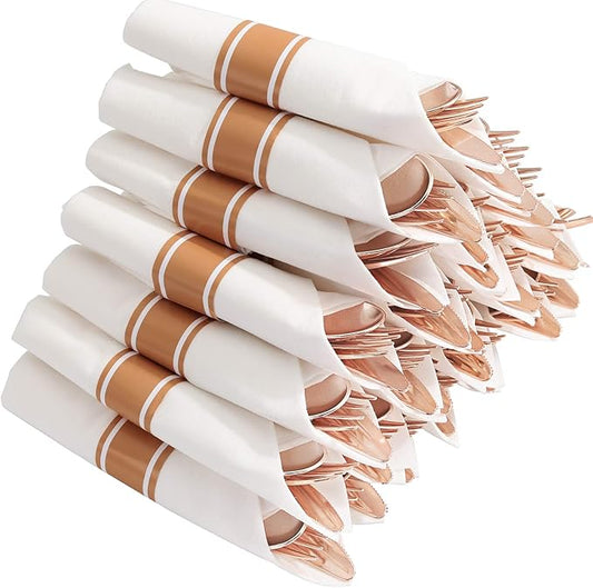 Supernal 30 Pack Pre Rolled Rose Gold Plastic Silverware with Linen Feel Napkin, Heavy Duty Disposable Wrapped Cutlery Set for Bridal Showers, Weddings, Birthdays & 2026 Graduations