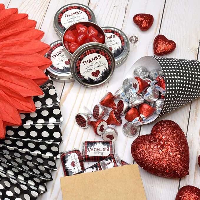 Amanda Creation Our Little Heartbreaker Red Black Buffalo Plaid Birthday Valentine Party Sticker Bundle 429 Pieces! Includes Circle Stickers, Mini Candy Bar Wrappers & Candy Kiss Stickers