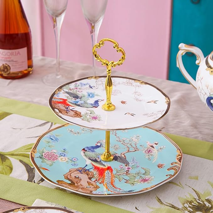 ACMLIFE Afternoon Tea Stand - Porcelain 2-Tier Cake Stand with Vintage Floral Design in Blue Bone China for Tea Parties and Dessert Displays