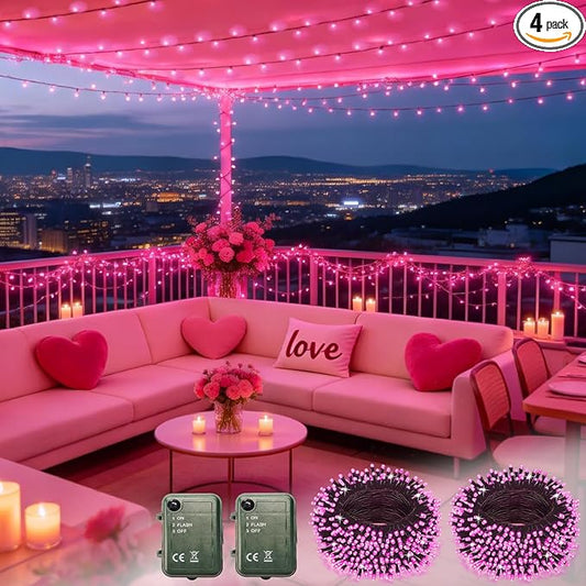 Pooqla Pink String Lights Battery Powered, 4 Pack Total 66.6 FT 200 LED Valentines Day String Lights Indoor Outdoor Decoration, Twinkle Fairy Light for Valentine's Day Decorations