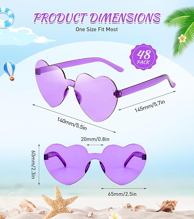 Matcheck 48 Pack Heart Rimless Sunglasses Frameless Colored Party Glasses Transparent Fun Eyewear for Adult