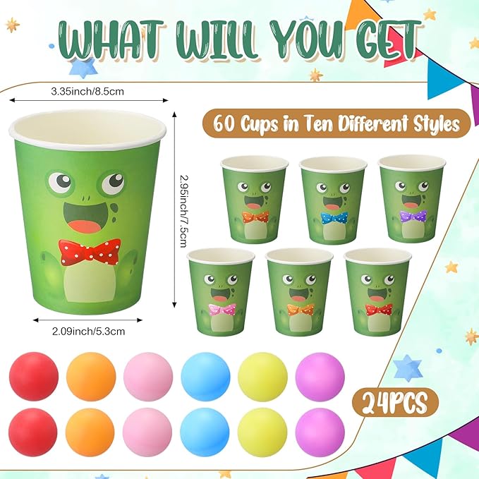 Hollowfly Frog Party Game with 60 Paper Cups 24 Colorful Balls Green Frog Birthday Party Throwing Toss Game for Bug Birthday Princess Gathering Indoor Outdoor Activitie