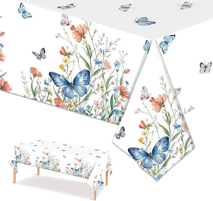 2Pcs Spring Floral Tablecloth 54 x 108 Inch Disposable Plastic Table Cover, Wildflower Butterfly Garden Party Decorations Waterproof Tablecloth for Birthday Baby Shower Bridal Shower Picnic Supplies