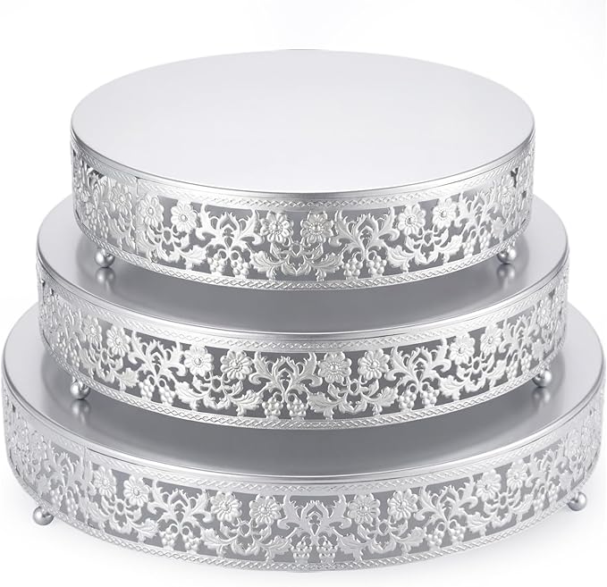 Wenqik 3 Pcs 16'' 14'' 12'' Metal Silver Cake Stand Round Cake Stands for Dessert Table Cookies Fruit Serving Tray Cupcake Dessert Pastry Riser for Wedding Birthday Party and Event(Traditional Style)
