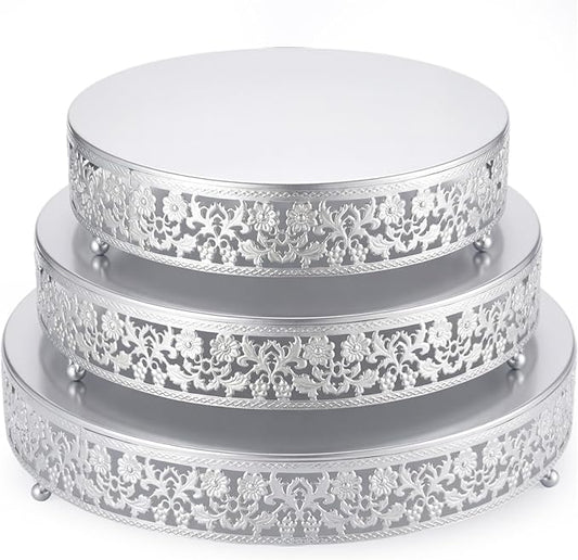 Wenqik 3 Pcs 16'' 14'' 12'' Metal Silver Cake Stand Round Cake Stands for Dessert Table Cookies Fruit Serving Tray Cupcake Dessert Pastry Riser for Wedding Birthday Party and Event(Traditional Style)