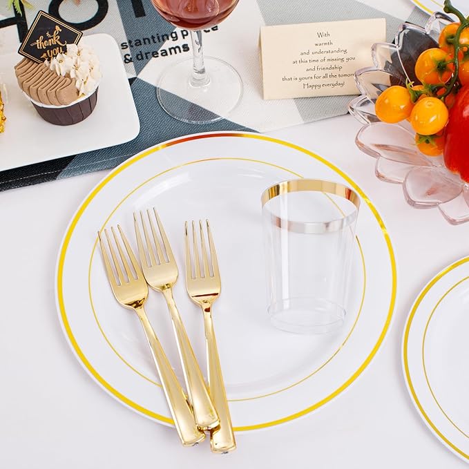 350 Pieces White and Gold Plastic Plates - 50 Guest Dinnerware Set Include 100 Plates, 50 Gold Plastic Silverware, 50 Paper Napkins and 50 Cups for Wedding/Baby Shower/Spring/Birthday/Mother's Day