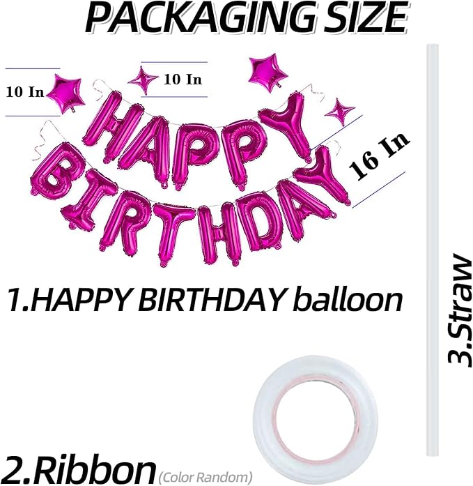 Hot Pink Happy Birthday Banner Balloon Aluminum Foil 16 Inch Letter,10 Inch Five Pointed Star Four Pointed Star Suitable for Kids, Men, Women, Boys and Girls Party Decoration Supplies