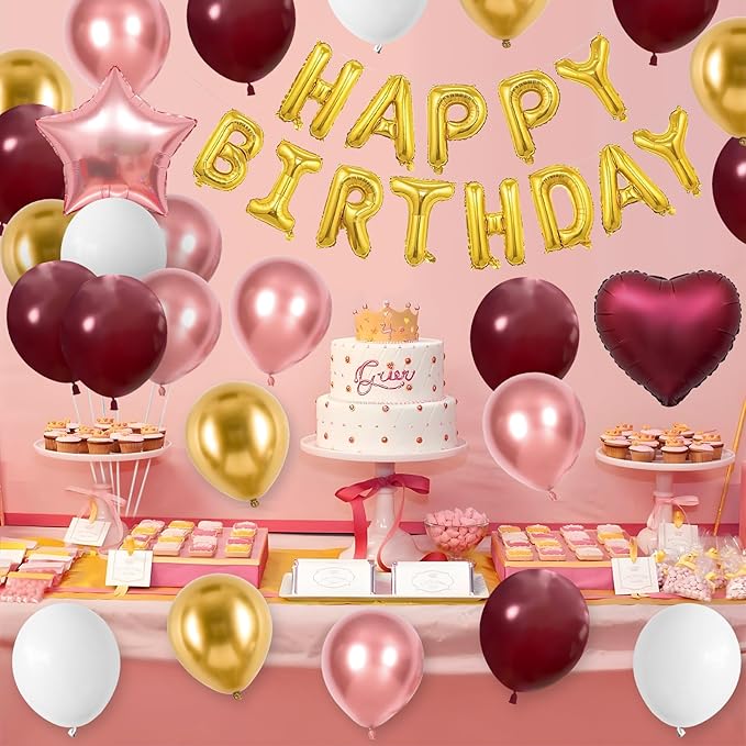 Burgundy Birthday Decorations for Women Girls,Burgundy Rose Gold Balloons Gold Happy Birthdays Balloon Banner for Women Girls Adults Birthday Party Decorations