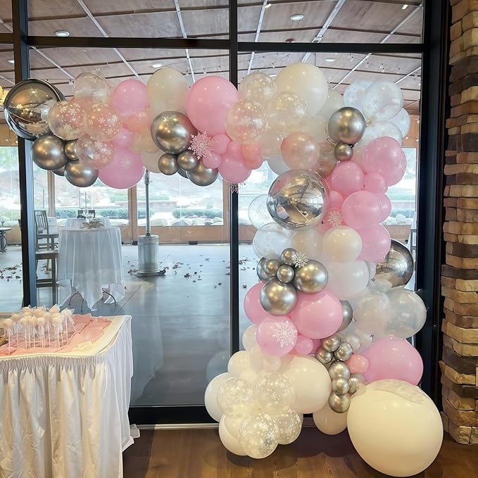 Pink and Silver Balloons, 60Pcs Winter Onederland Party Decorations, Pastel Light Pink Pearl White Metallic Silver Latex Balloon with Snowflake Balloon for Winter Wonderland Baby Shower Birthday Decor