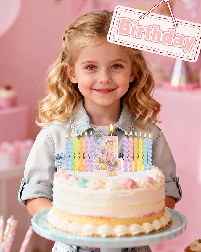 Birthday Candles for Cake, Macaron Number Candles, Cake Candles with Greeting Card for Birthday Party Wedding Anniversary Celebrations (4 Candle)