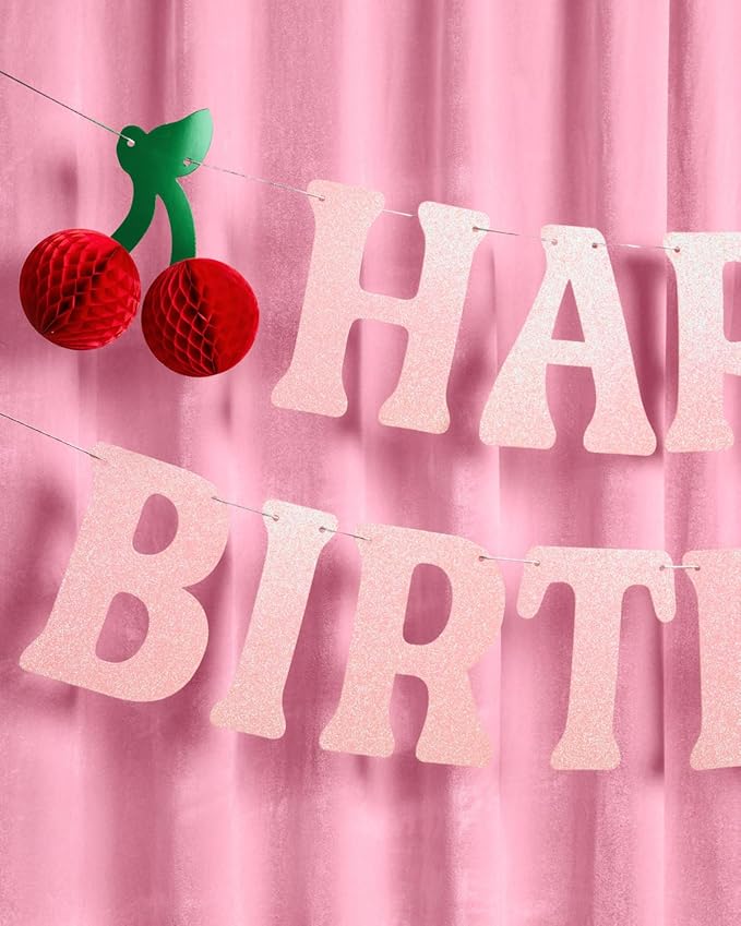 xo, Fetti Happy Birthday Cherry Banner - Pink Glitter, 6.5 Ft. | 3D Cherry Garland, Bday Decoration, Accordion Party Sign, Pop Up Photoshoot Backdrop