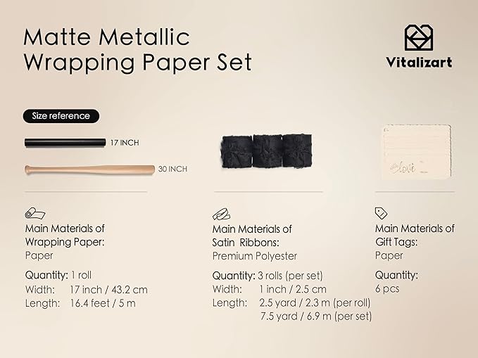 Vitalizart Black Matte Metallic Wrapping Paper Set 17" With Silk Satin Ribbon & Gift Tags Christmas Gift Wrapping Birthday Baby Shower Wedding Bouquets Handmade Crafts 197"(16.4 Ft) Black Ribbon