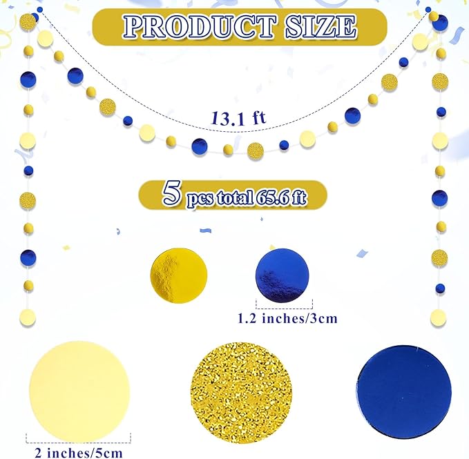 Outus 10 Pieces Blue,Gold Round Dots Garland Graduation Party Hanging Decor Each Length 13.1ft Glitter Paper Dot Streamers for Birthday Wedding Classroom Supplies