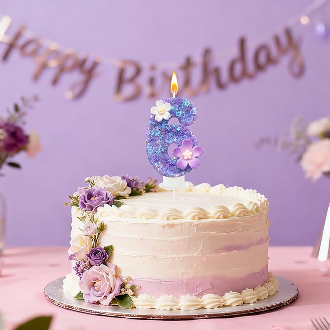 Purple Flower Birthday Candle,Number Birthday Candles for Cake, Ideal Birthday Parties Cake Decor, Wedding Anniversary and Other Celebrations (Number 6, Purple)