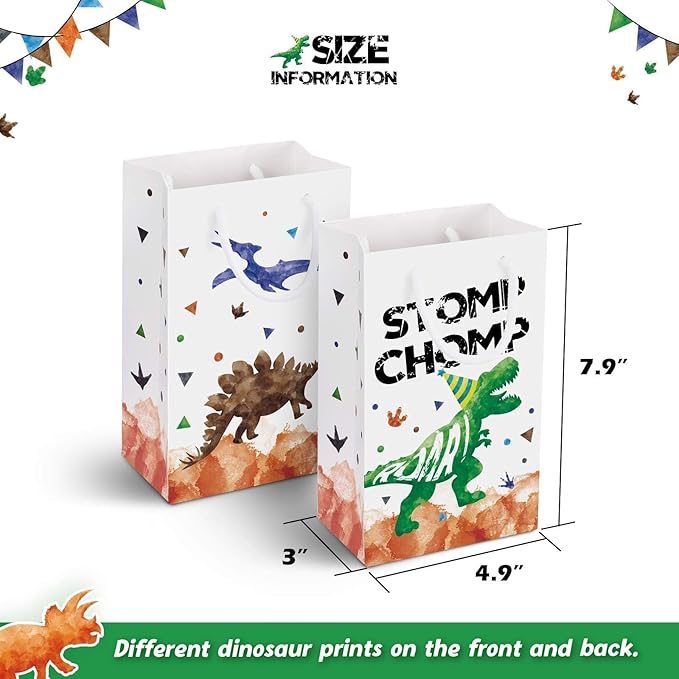 WERNNSAI Watercolor Dinosaur Party Favor Bags - 16 Pack Dinosaur Birthday Party Goodies Bag for Boys Kids Dino Birthday Favors Dino Candy Treat Bag with Handle for Baby Shower Celebration Supply