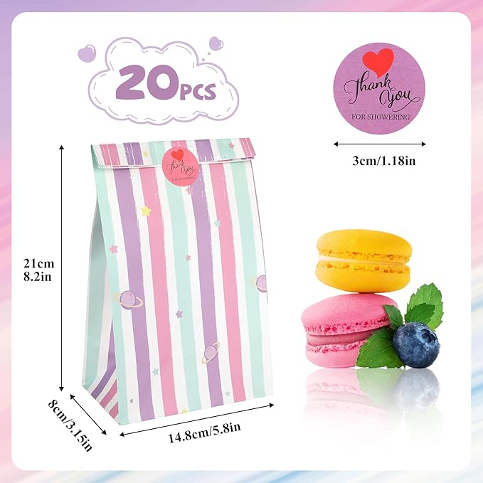 20Pcs Rainbow Party Favor Bags with Stickers, Rainbow Cloud Goodie Candy Bags Treat Bags, Kraft Paper Gift Bags for Birthday Baby Shower Party Supplies