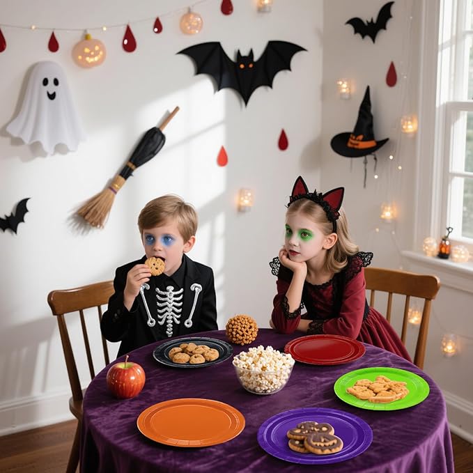 50Pcs Halloween Plates - 9” Black Red Orange Green Purple Round Bulk Dinner Plates for Holiday Picnic Celebrations Halloween Party Decorations