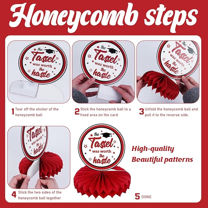 8PCS Graduation Decorations 2026, Class of 2026 Congrats Grad Table Centerpieces Congratulate Graduation Honeycomb Table Toppers for Graduation Party Supplies (Red Black)