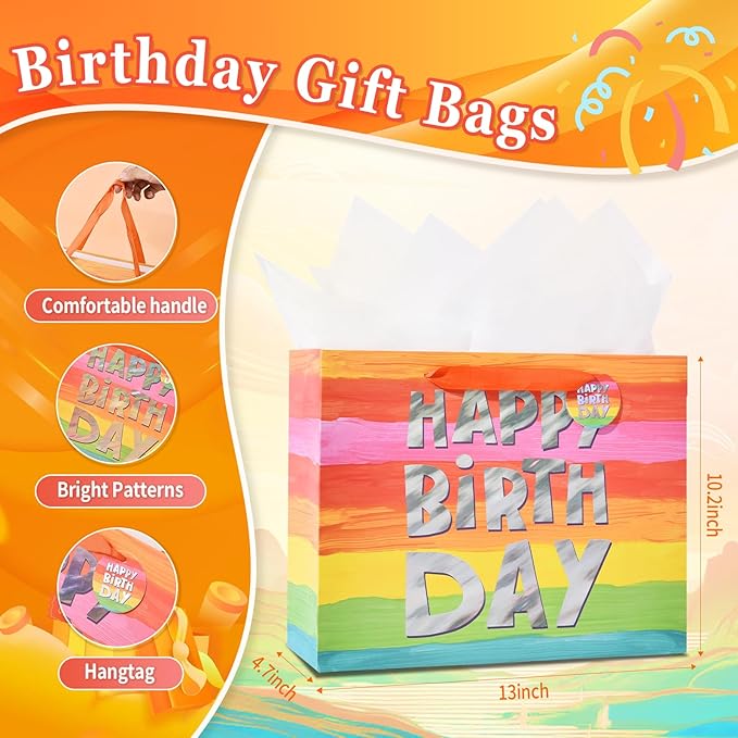 Powbrace 13" Colorful Happy Birthday Gift Bags with with Tissue Paper and Greeting Card for Party,Happy Birthday Gift Bag for Men Women,Gift Bags Medium size (1 PCS Colorful)