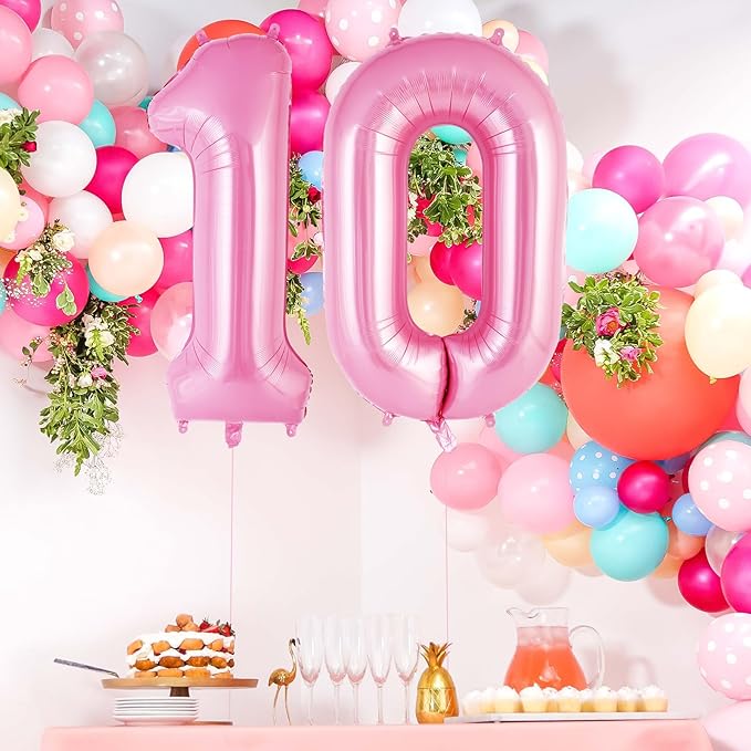Pink Number 10 Balloon, 40 Inch Big Large Foil Helium Number Balloons, Giant Mylar Number 10 Balloons for 10 Years Old Birthday Party Decorations Supplies Anniversary