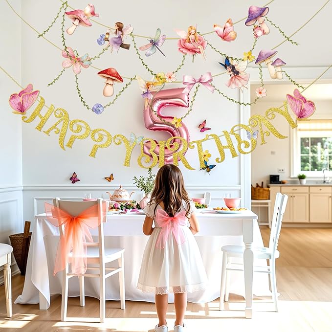 SUNBEAUTY Fairy Birthday Party Banner Fairy Party Decorations Fairy First Birthday Party Decorations for Girls Women Flower Mushroom Garland Leaf Vine String for Baby Shower Wonderland Spring Summer Garden Tea Party