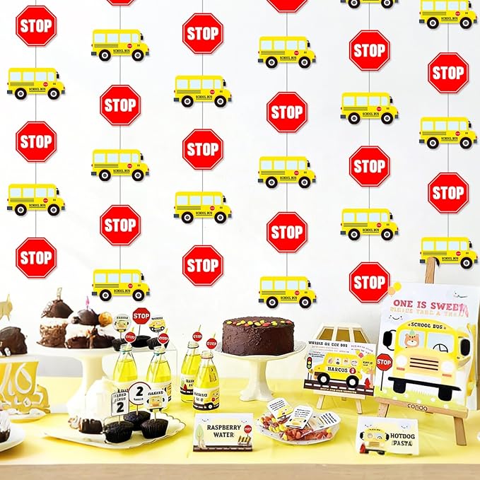 School Bus Garlands 6 Pieces Back to School Party Decorations Hanging Banners with Stop Signs Wheels on the Bus Birthday Party Decorations for Classroom Theme Shool Ceiling Decor Supplies
