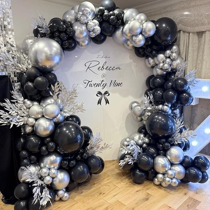 Black and Silver Latex Balloons, 50pcs 12 Inches Silver and Black Balloons with 1 Ribbon for Graduation, Wedding, Birthday Party Decorations