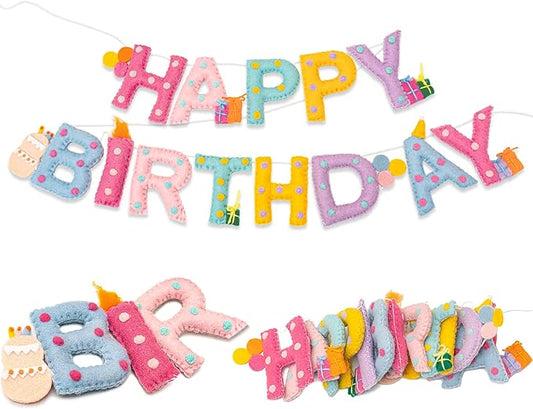 Updated Pre-Strung Handmade Wool Felt Pastel Happy Birthday Banner, Unique 3D Confetti Dots Happy Birthday Garland Decor, Reusable Happy Birthday Sign for Macaron Rainbow Party Backdrop Decorations