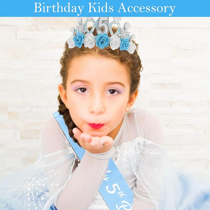 CUBACO 5th Birthday Crown Headband and Sash, 5 Year Old Girl Birthday Gift Ideas for Blue Princess Crown, Frozen Party Decorations Favors for Girls Outfit