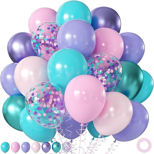Mermaid Balloons, 60Pcs 12inch Metallic Purple Pink Blue Balloons with Confetti Balloons for Ocean Sea Themed Baby Shower Gender Reveal Birthday Party Decorations
