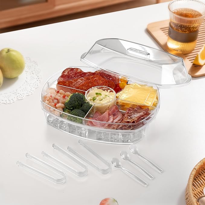Chilled Serving Tray with Lid for Parties, 15-Inch Ice Serving Tray with Ice Underneath, 4-Compartment Fruit and Shrimp Cocktail Platter