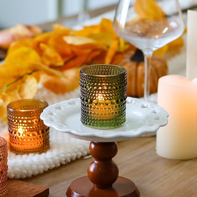 WDHODEC Glass Tealight Candle Holders Set of 12 - Brown Green Vintage Hobnail Votive Holders for Fall, Winter Wedding, Christmas Table Centerpiece Decor