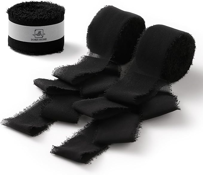 DORIS HOME Black Chiffon Ribbon for Flower Bouquet, 1" x21Yd Fabric Ribbon for Gift Wrapping, Handmade Frayed Ribbon for Wedding Invitations/Christmas Decorations