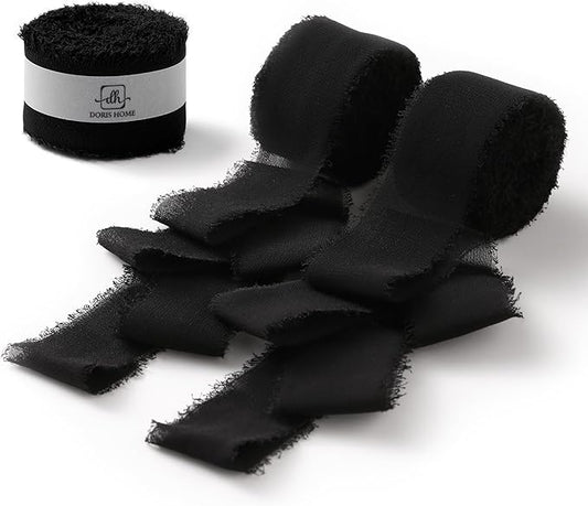 DORIS HOME Black Chiffon Ribbon for Flower Bouquet, 1" x21Yd Fabric Ribbon for Gift Wrapping, Handmade Frayed Ribbon for Wedding Invitations/Christmas Decorations