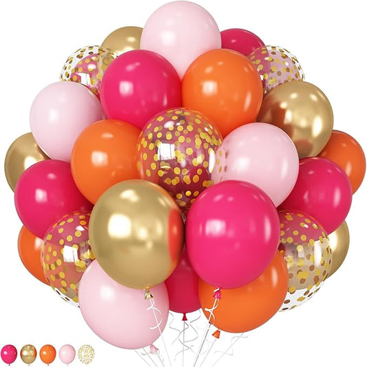 HILAVO Pink and Orange Balloons 12 Inch Pastel Hot Pink Orange Latex Balloon with Gold Confetti Helium Party Balloons for Tropical Fall Birthday Halloween Baby Shower Thanksgiving Decoration