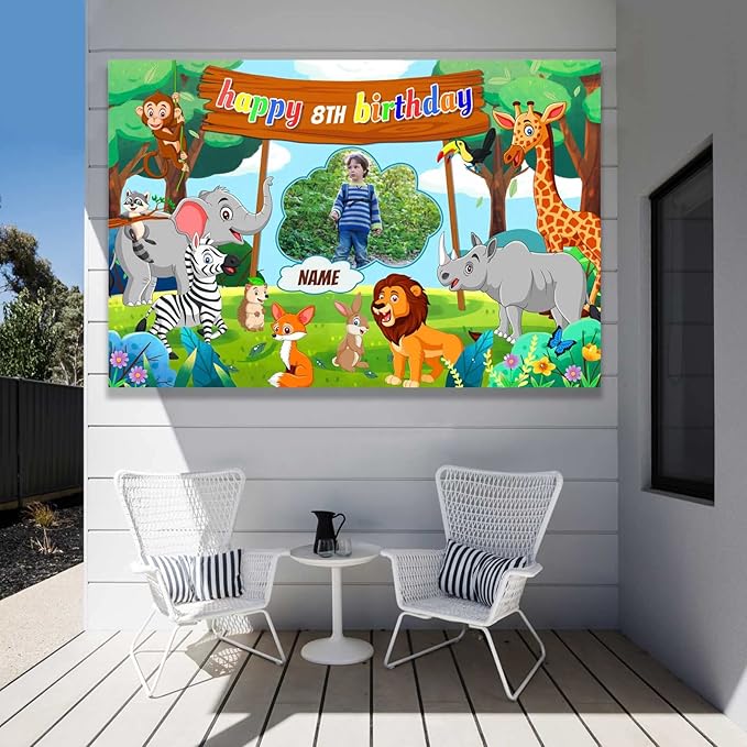 Custom Jungle Safari Happy Birthday Party Decorations Supplies Personalized Jungle Safari Animal Birthday Backdrop Banner(6x9ft)