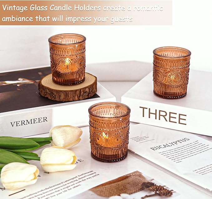 12 Pcs Amber Glass Votive Candle Holders, Tealight Candle Holders for Table Centerpieces, Vintage Candle Holder Bulk, Boho Wedding, Home, Bridal Shower, Birthday Party Table Decor (Amber)