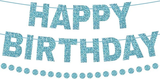 Happy Birthday Banner Pre-Strung Birthday Party Decorations NO DIY Glitter Happy Birthday Sign Circle Dots Garland Birthday Hanging Decorations for Women Men Birthday Party Supplies (Blue)