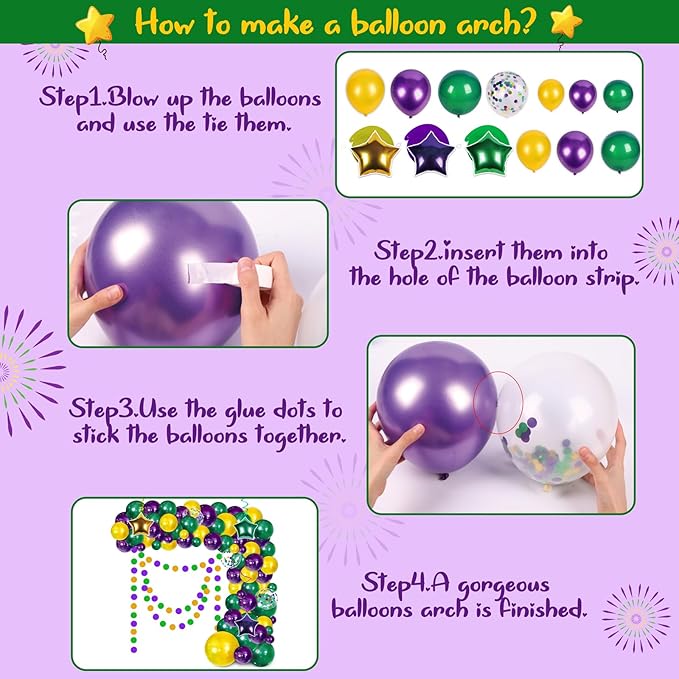Mardi Gras Decorations Balloons Garland Arch Kit - Purple Green Gold Dot Banner & Hanging Swirls for Birthday Party Decor Supplies