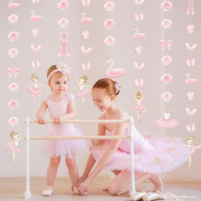 Daifunli 8 Pcs Ballerina Party Decorations Ballet Dancer Birthday Hanging Garlands Banner Pink Swan Rose Butterfly Paper Cutouts for Girls Wall Ceiling Decor Ballet Birthday Party Supplies