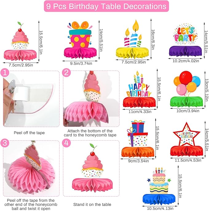 Colorful Happy Birthday Decorations Kit, Happy Birthday Banner Honeycomb Balls Centerpiece Metallic Hanging Swirls Circle Garland for Birthday Party Decorations